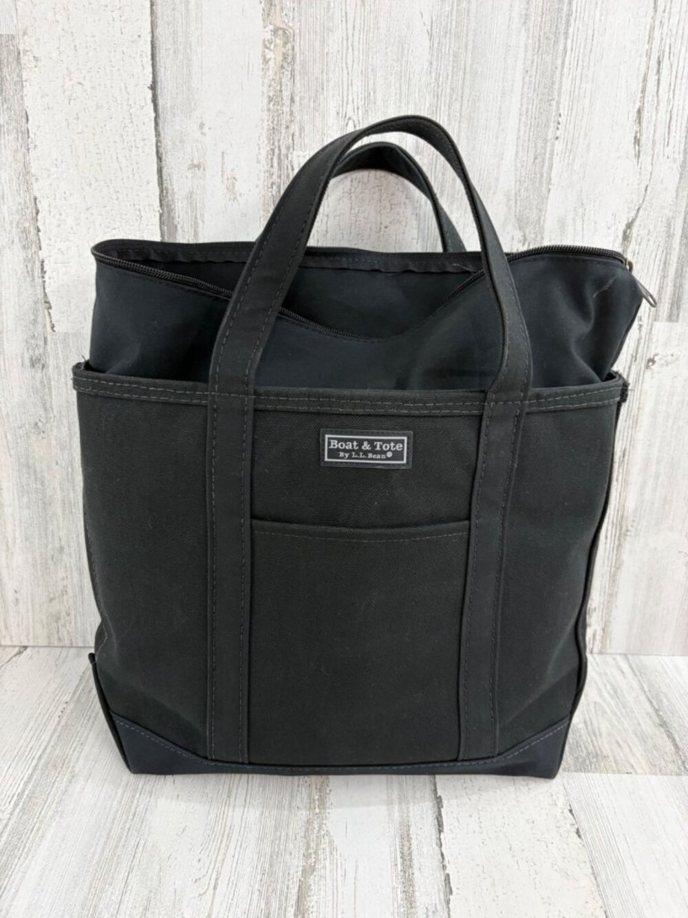 LL Bean Black Canvas Boat and Tote Bag Zip Top Pocket Medium